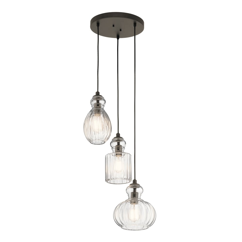 Kichler Riviera 3 -Light Olde Bronze Transitional Ribbed glass Tiered Medium Hanging Pendant light 1253347