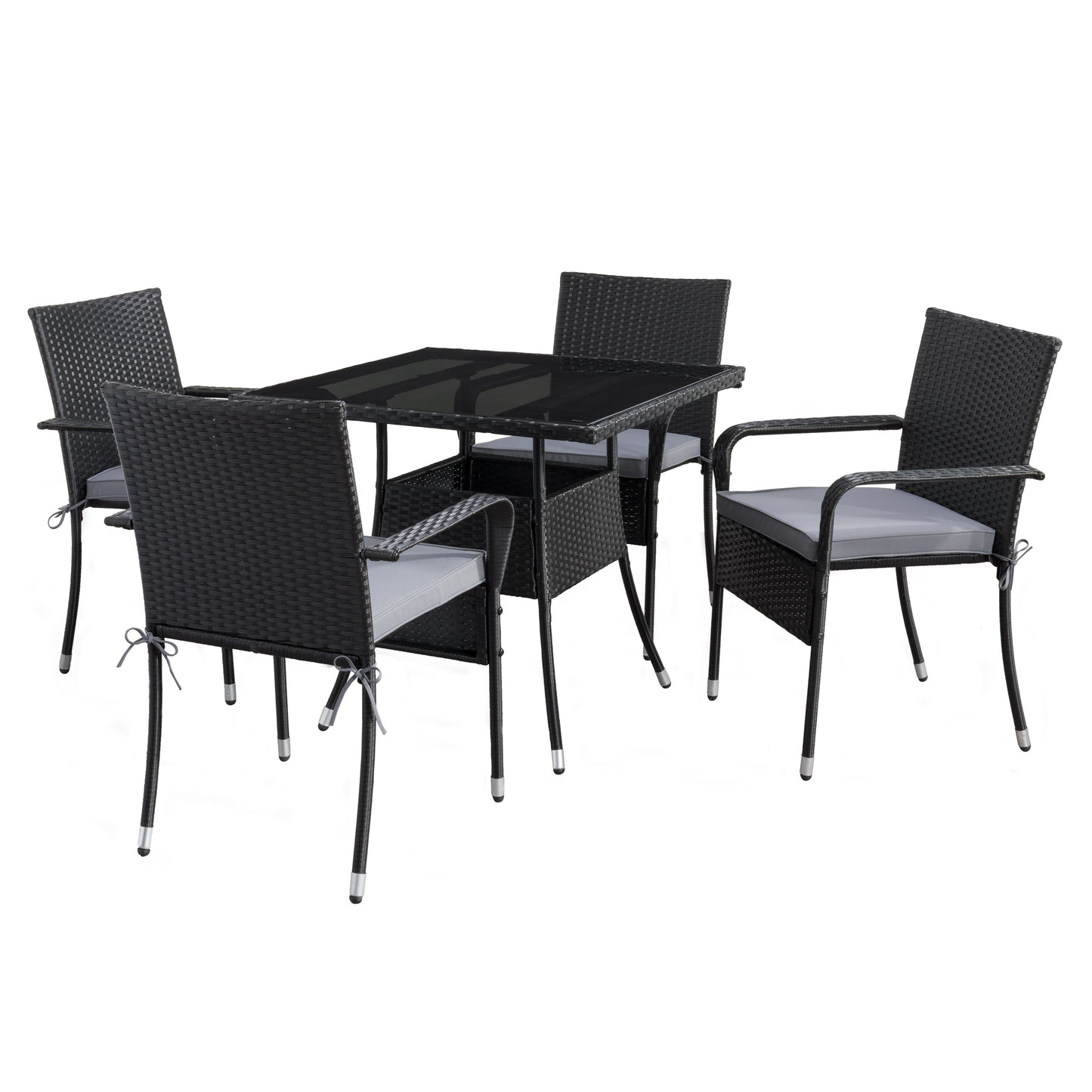 CorLiving Parksville 5 -Piece Black Rattan Patio Dining Set Steel Square Table with 4 Gray Cushions Stackable Stationary Chairs