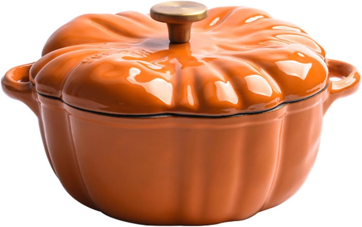 Enameled Cast Iron Dutch Oven with Lid, 1.32 qt Cute Halloween Decor Pumpkin Pot, Covered Dutch Oven Stockpot Baking Dish, Pumpkin Casserole for Fall Thanksgiving Decor, Oven & Stove Safe (Orange)