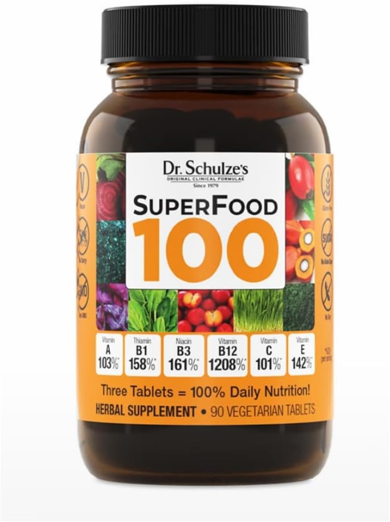 Dr. Schulze's Superfood 100 | Vitamin & Mineral Herbal Concentrate | Dietary Supplement | Daily Nutrition & Increased Energy | Gluten-Free & Non-GMO | Vegan & Organic | 90 Tabs