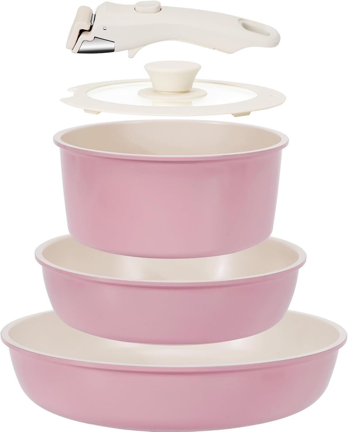 KIKCOIN 5 Pack Ceramic Pots and Pans Set Non Stick, Kitchen Cookware Set Detachable Handle, Non Toxic Cooking Set with Removable Handles, Induction Dishwasher\/Oven Safe, Ollas de Cocina, Pink