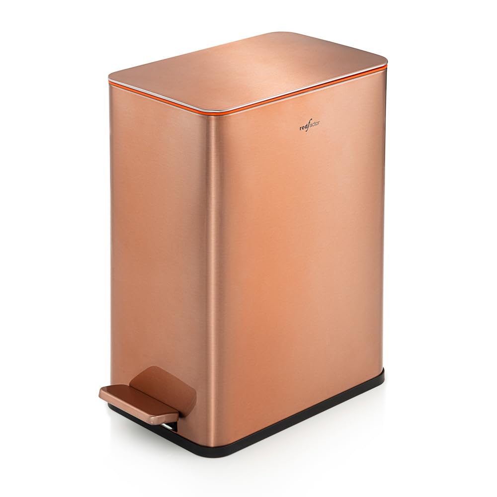 RED FACTOR Slim 2.6 Gallon Stainless Steel Pedal Trash Can with Soft Close Lid for Narrow Spaces \u2013 Wastebasket Bin with Removable Inner Bucket for Bathroom, Kitchen, Bedroom or Office (Copper)