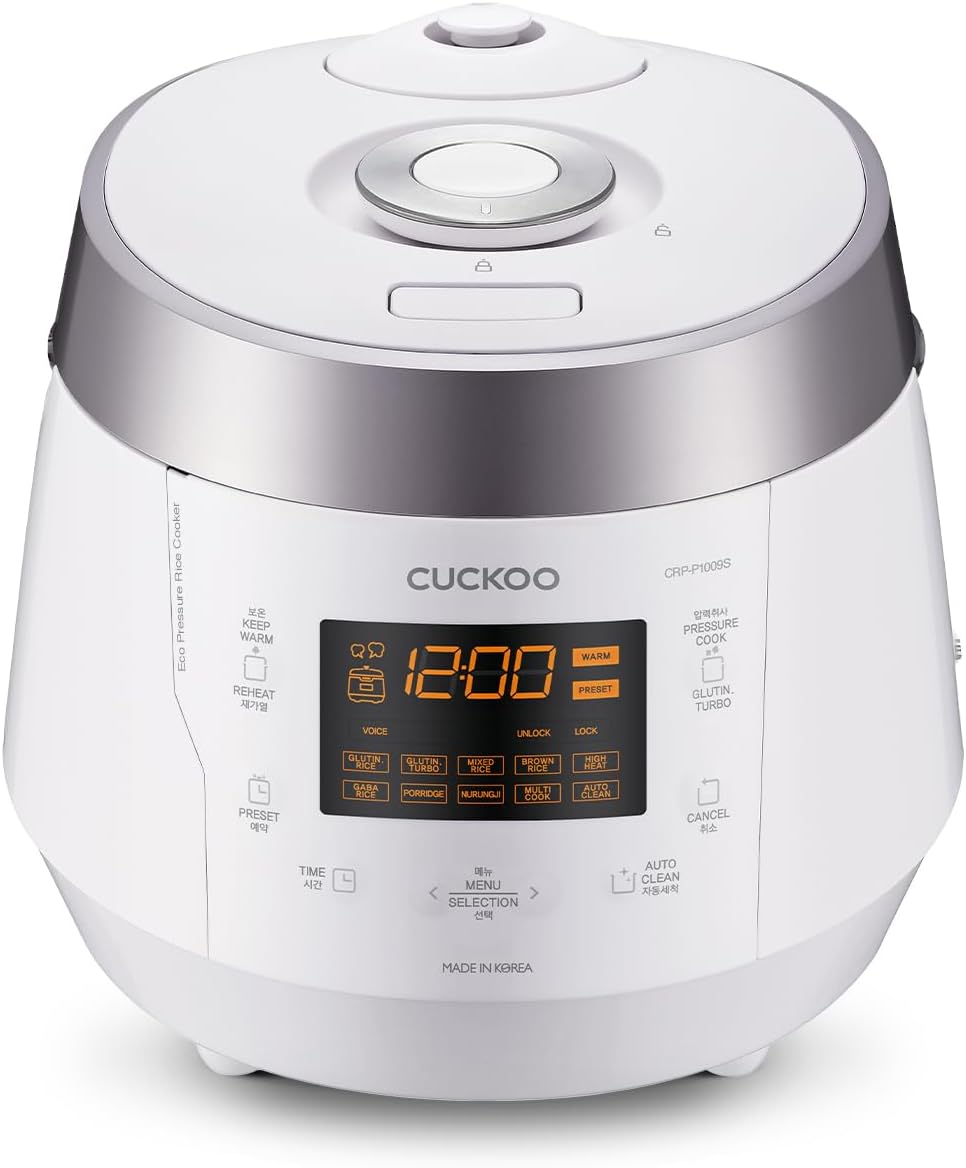 Cuckoo Heating Pressure Cooker & Warmer \u2013 12 built-in programs, Glutinous (white), Mixed, Brown, GABA rice, and more, 10 cups