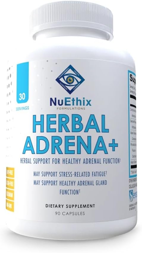 NuEthix Formulations Herbal Adrena+, Adrenal Support Supplements for Women & Men, Cortisol Support, Improve Energy Levels & Mood, Includes Cordyceps & Ashwagandha, Non-GMO, Gluten Free, 30 Servings