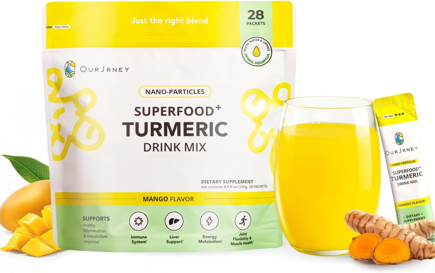 Ourjrney Nano Turmeric Curcumin Drink Powder, Golden Juice for Wellness & Immunity, No Turmeric Taste, Add to Smoothies\/Water Daily Morning Routine\u201335X Absorption\u2013Mango Flavor\u2013Joint Support Supplement