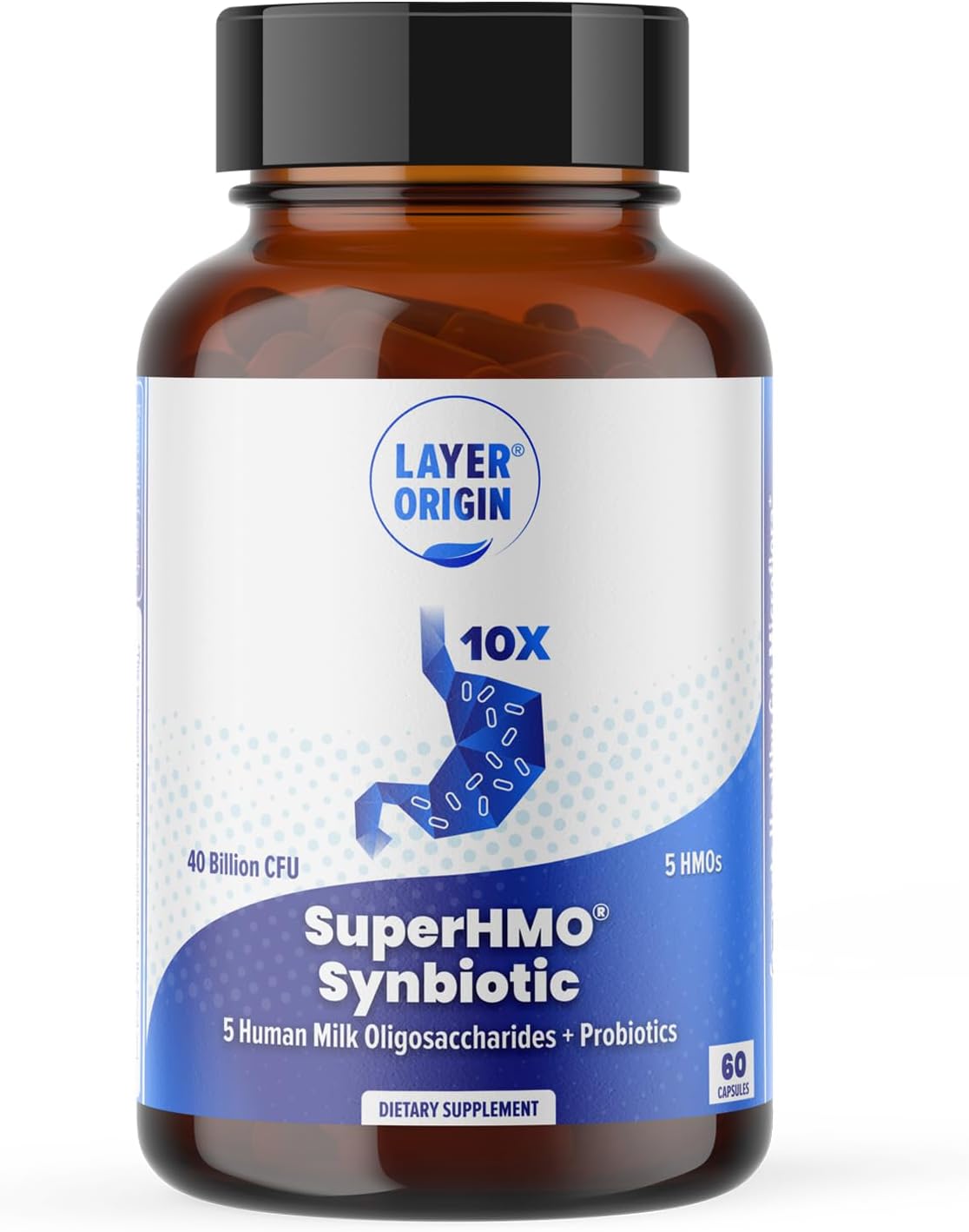 Layer Origin SuperHMO: Synbiotic Capsules with 5 HMO Prebiotics & 40 Billion CFU Probiotics, 60 Count