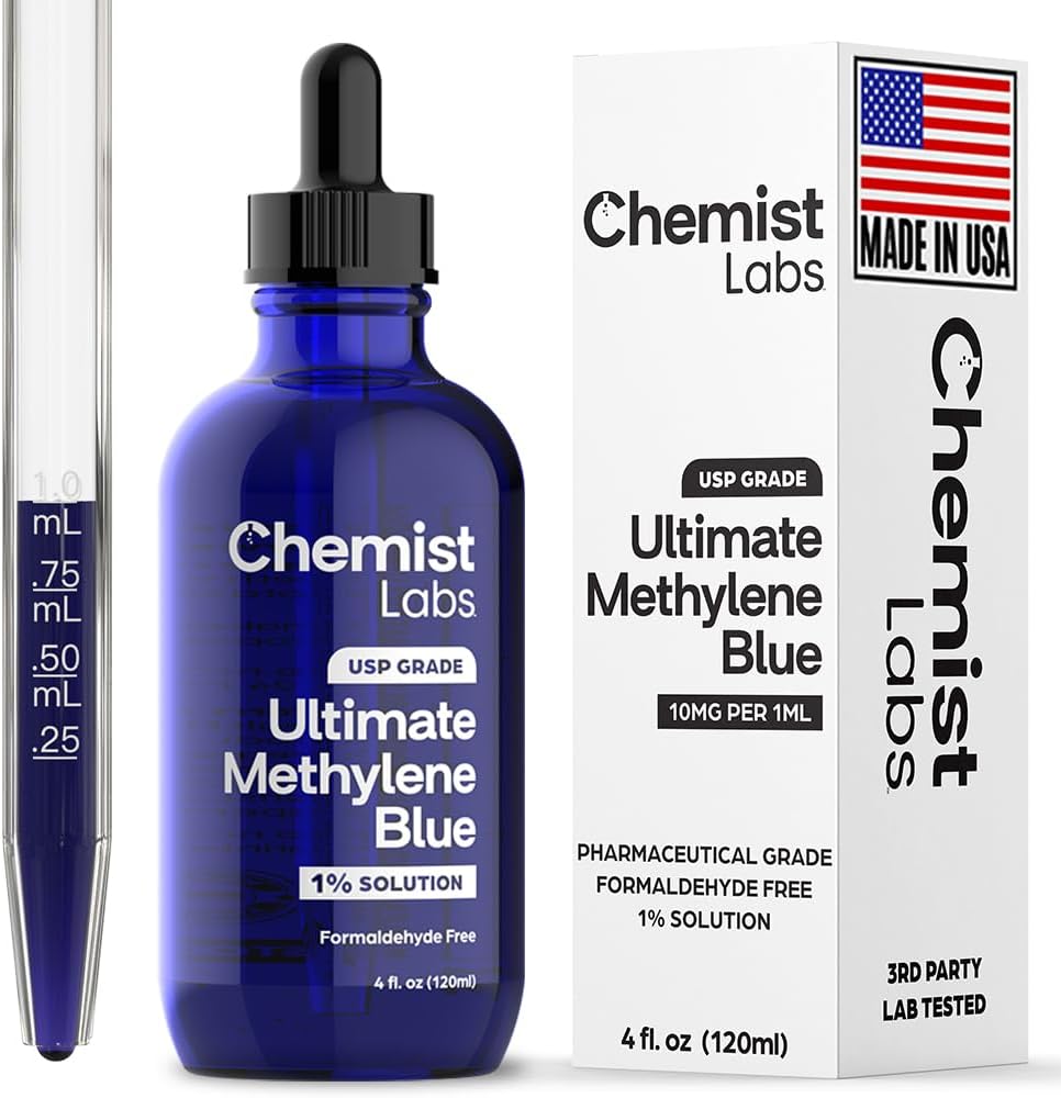 Chemist Labs 1% Methylene Blue Drops Pharmaceutical Grade 99% Purity USP Grade, Blue Methylene, Cellular & Mitochondrial Support, Third-Party Tested, Made in USA, 4oz