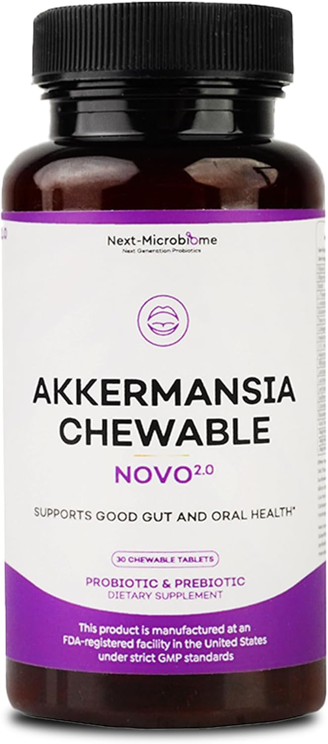 Chewable Akkermansia Probiotic and Prebiotic Supplement NOVO 2.0 with HMO, Supports Gut and Oral Microbiome, Supplements for Digestive Health and Skin Vitality, Targeted Delivery, 30 Tablets