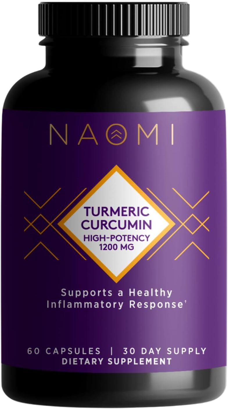 NAOMI Turmeric Curcumin High-Potency 1,200 mg, 95% Curcuminoids & BioPerine Black Pepper Extract to Boost Absorption up to 2000%, Extra-Strength Joint, Muscle, Brain Support, 60 Caps, 30-Day Supply
