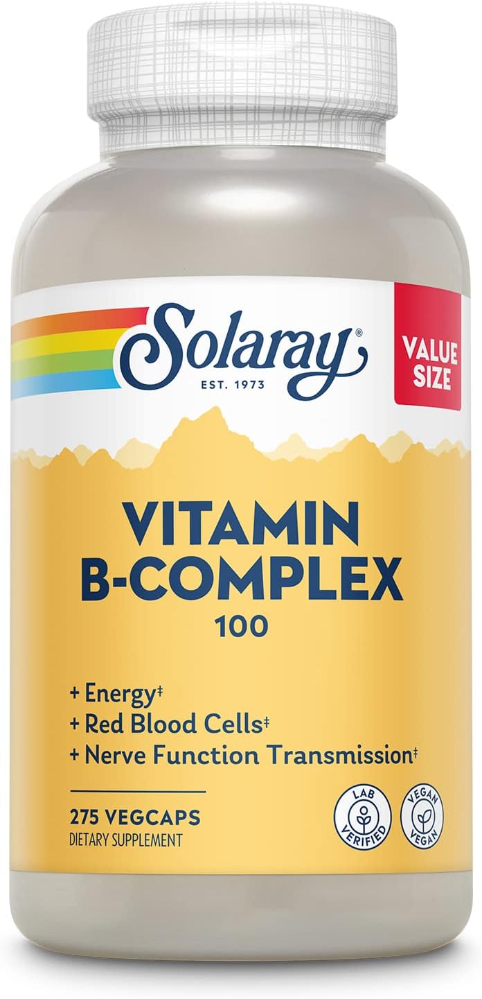 SOLARAY Vitamin B Complex 100 mg, Healthy Energy Supplement, Red Blood Cell Formation, Nerve & Immune Support, Super B Complex Vitamins, Folic Acid, Vitamin B6, B12, Biotin, Vegan, 275 VegCaps