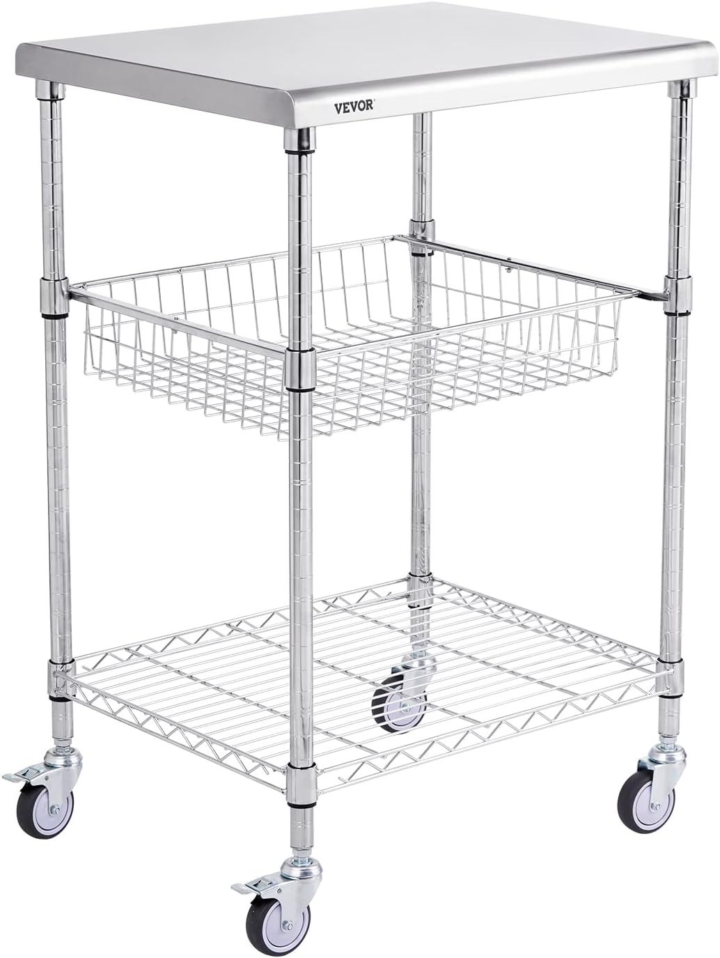 VEVOR Kitchen Utility Cart, 36.6"x20"x24" 3 Tiers Wire Rolling Cart, 470LBS Capacity Steel Service Cart with Brake Wheels, Storage Trolley with 76mm Basket PP Liner 6 Hooks, for Indoor & Outdoor Use