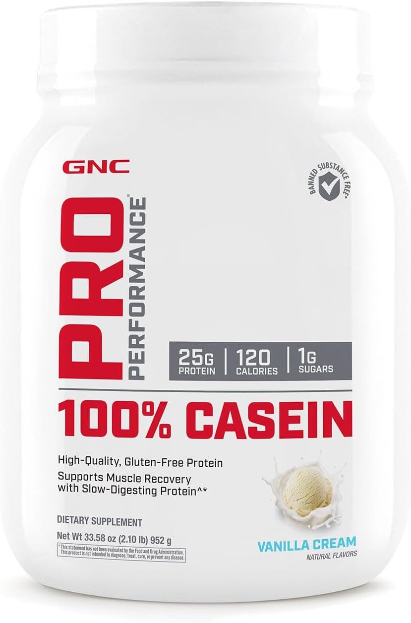 GNC Pro Performance 100% Casein Protein Powder, 25g Protein, Supports Sustained Muscle Strength, Recovery, Slow Digesting, Gluten Free, 3rd Party Tested, Vanilla Cream, 28 Servings