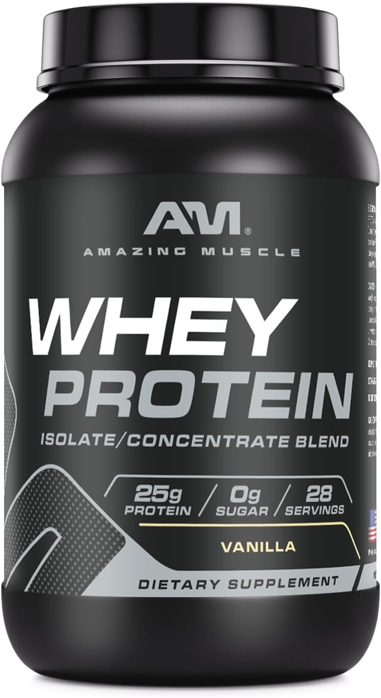 Amazing Muscle 100% Whey Protein Powder *Advanced Formula with Whey Protein Isolate as a Primary Ingredient Along with Ultra Filtered Whey Protein Concentrate (Vanilla, 2 lb)