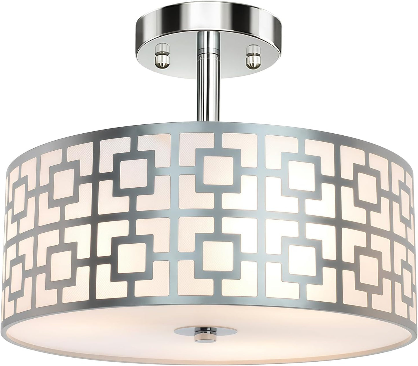 DLLT Flush Mount Ceiling Light: Modern 3-Light Brushed Nickel Kitchen Light Fixture - Drum Lighting Fixture for Dining Room - Silver Bedroom Ceiling Lamp with Double Shade