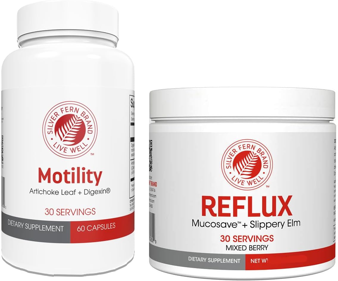 Silver Fern Brand Slow Motility+ Kit \u2013 Digestive Support Bundle \u2013 30-Day Supply \u2013 Berry Flavor Powder, Capsules \u2013 Artichoke Leaf, Okra, Ashwagandha, MucoSave \u2013 No Artificial Ingredients \u2013 Made in USA
