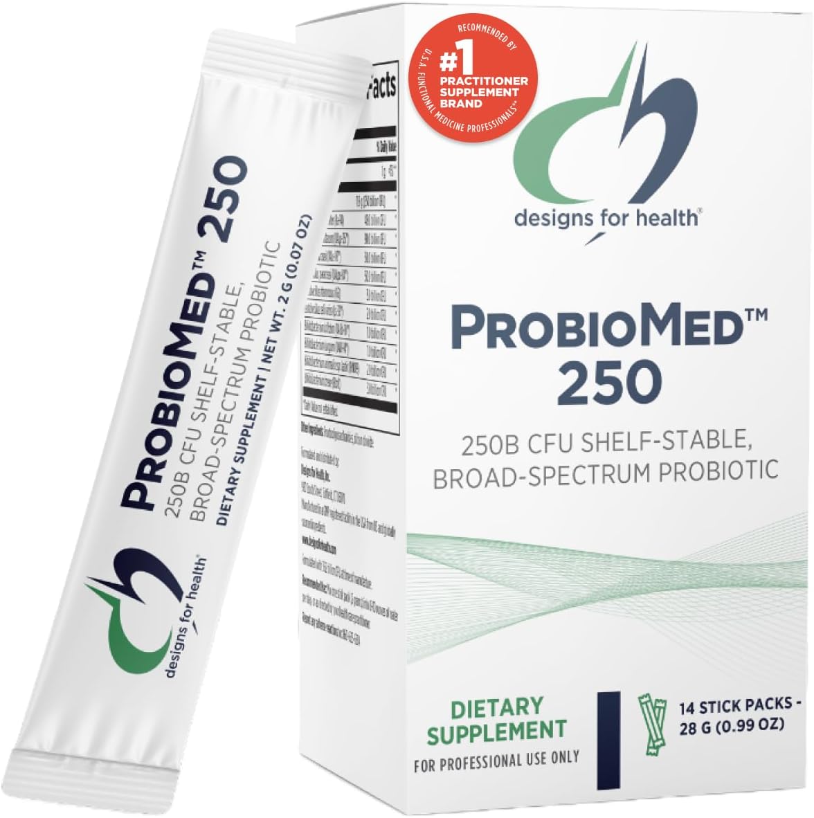 Designs for Health ProbioMed 250 Probiotics - Shelf Stable 250 Billion CFU Probiotic Supplement for Adults - 10 Strains for Digestive Health + Immune Support - Dairy Free + Gluten Free (14 Packets)