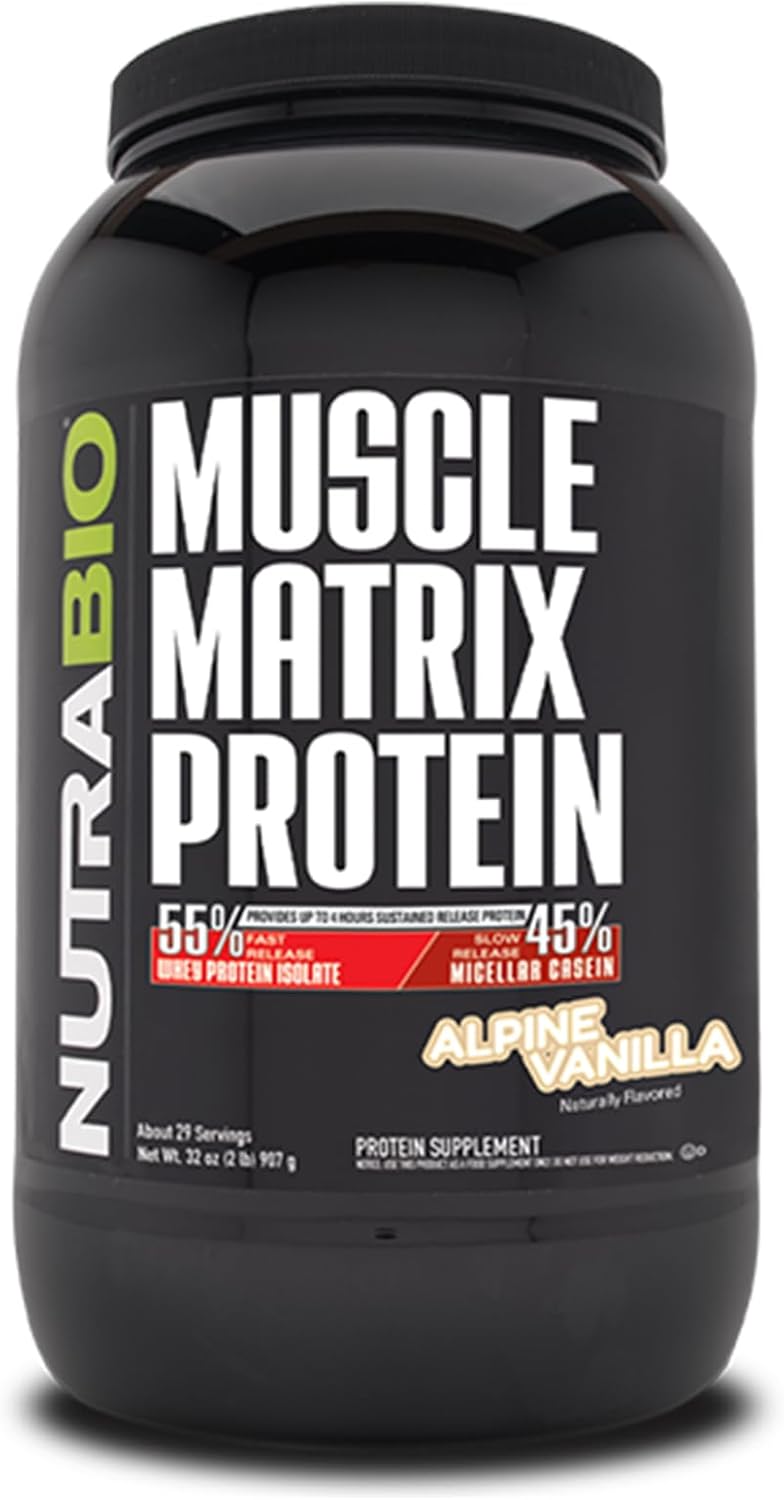 NutraBio Muscle Matrix Protein Powder - 25g of Protein Per Scoop - Whey Isolate and Micellar Casein Combo for Fast and Slow Release - Vanilla - 2 Pounds, 28 Servings