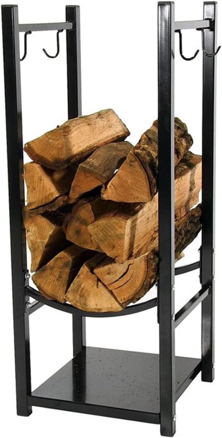 Firewood Log Rack with 4 Hooks, Heavy Duty Cast Iron Log Storage Rack for Backyard Deck/Family Room