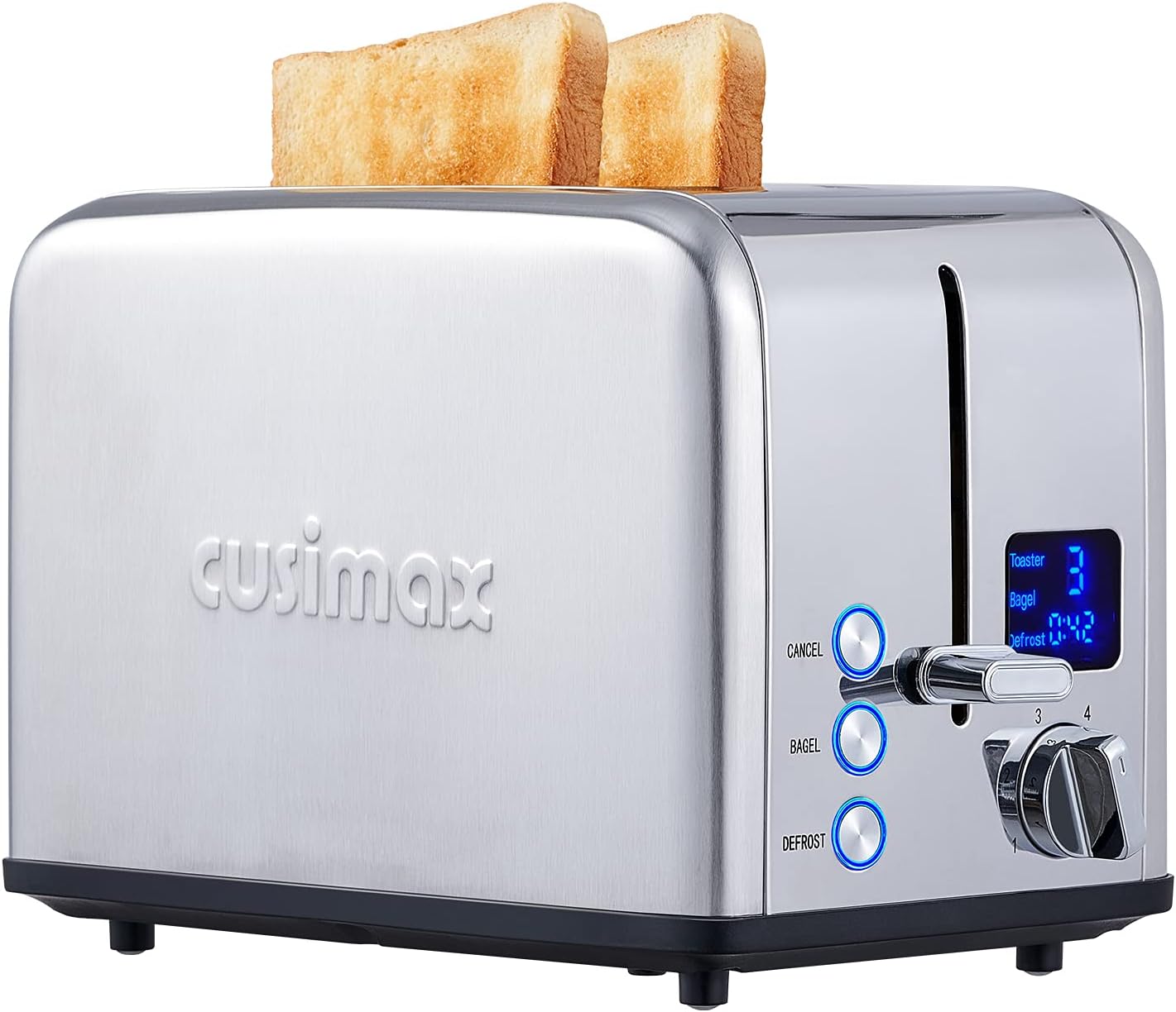CUSIMAX Stainless Steel 2 Slice Toaster with LED Display, Extra-wide Slots, 6 Browning Settings, Cancel\/Bagel\/Defrost, Removable Crumb Tray, Silver