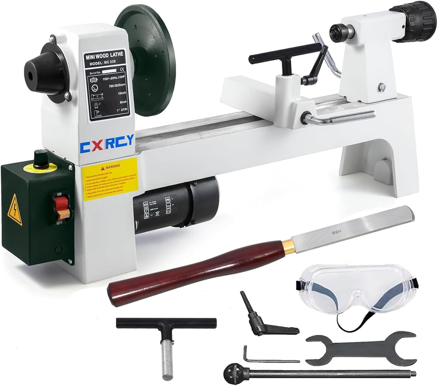 CXRCY Wood Lathe, 8" x 12" Mini Benchtop Wood Lathe Machine 1/3 HP Infinitely Variable Speed 750-3200 RPM with 2 Tool Rests, Lathe Chisel, Goggle for Woodworking, Woodturning