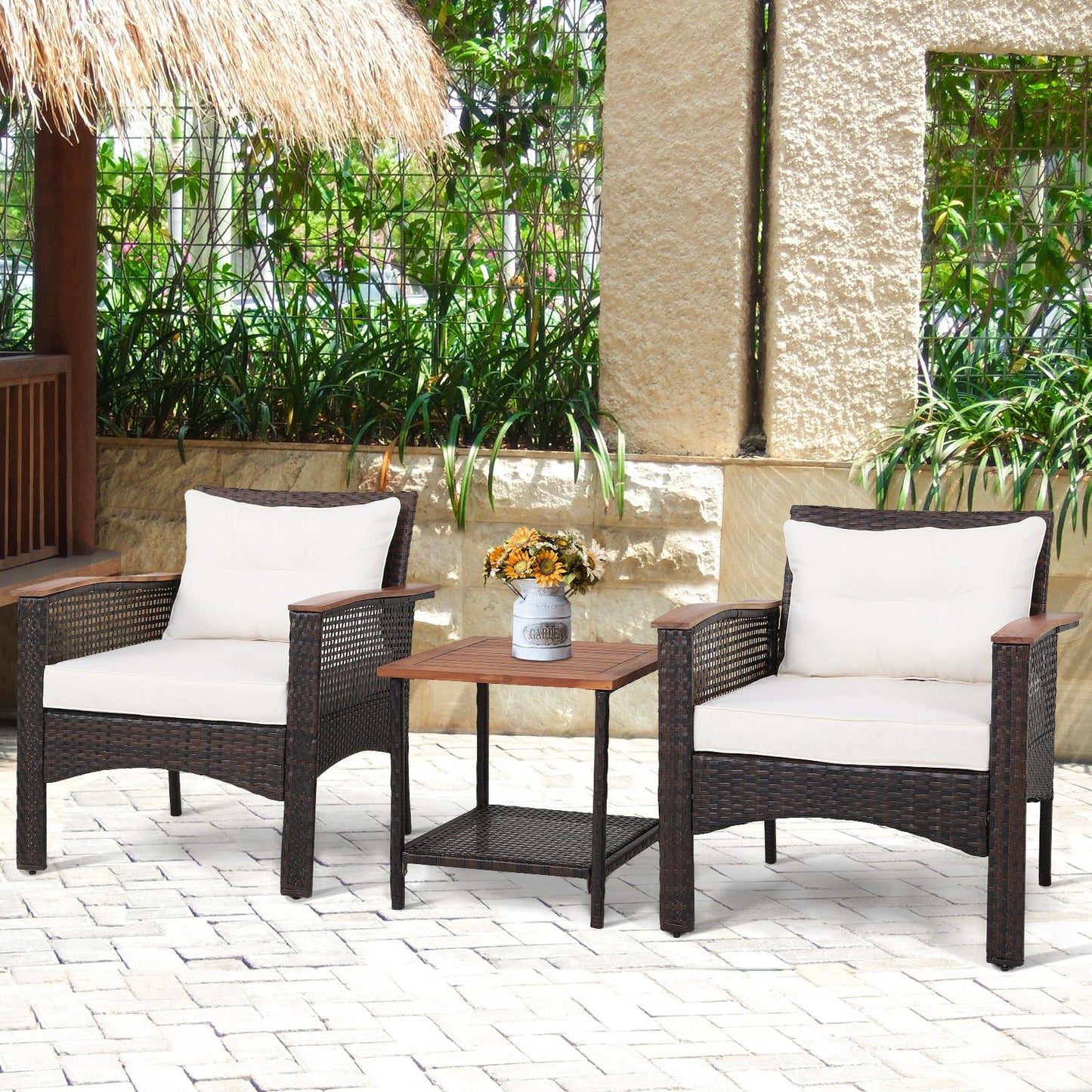 BABOOM 3 -Piece Rattan Patio Conversation Set with Off-white Cushions