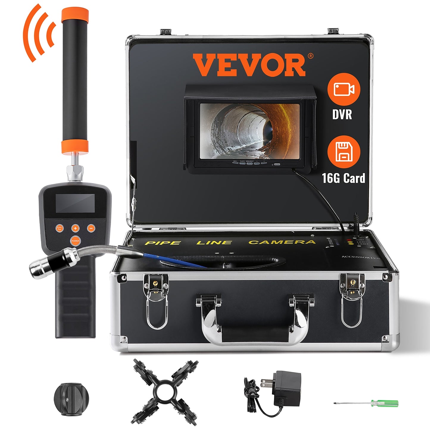 VEVOR Sewer Camera with 512-Hz Locator, 9-in Pipeline Inspection Camera w/DVR Function, IP68 Camera w/12 Adjustable LEDs, A 16 GB SD Card for Sewer Line, Home, Duct Drain Pipe Plumbing DDWKXSGDNK730R9OPV1