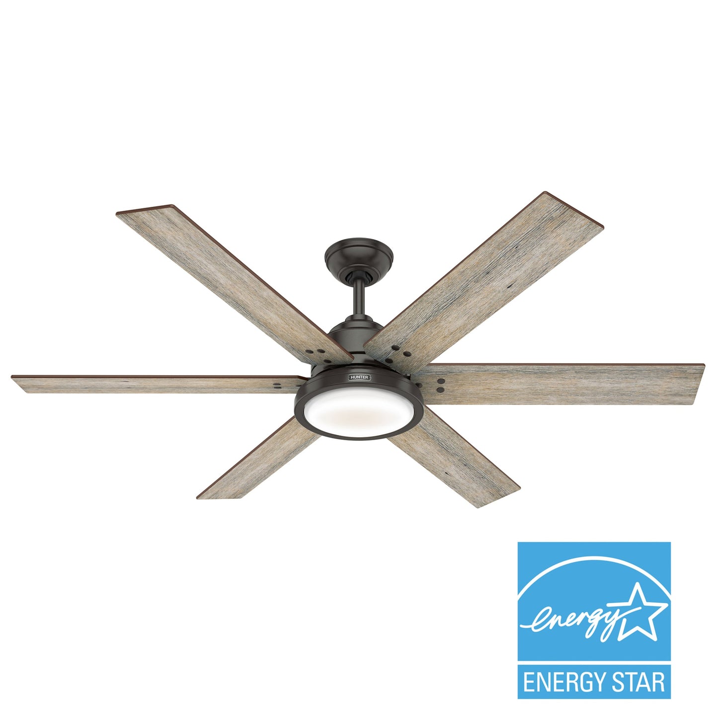Hunter Warrant ENERGY STAR 60-in Integrated LED Noble Bronze with Barnwood/Drifted Oak Blades Ceiling Fan With Light ( 6 -Blade ) 1099715