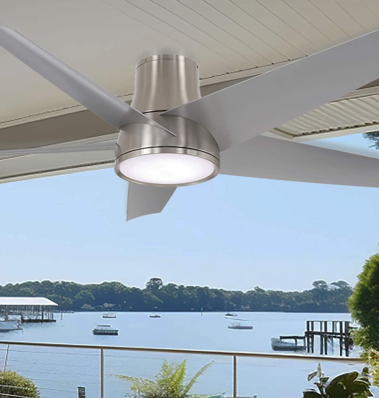 Minka Aire Chubby II 58-in Brushed Nickel Wet with Silver Blades Integrated LED Indoor/Outdoor Flush Mount Smart Ceiling Fan with Light and Remote (5-Blade) F782L-BNW