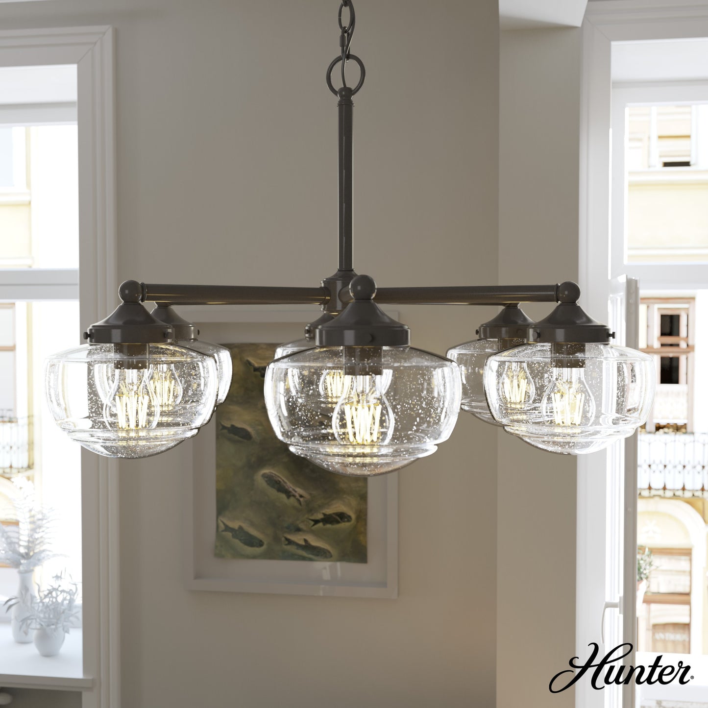 Hunter Saddle Creek 6 -Light Satin Bronze Transitional For Use in Bedrooms, Dining Rooms, Foyers, Kitchens, Living Rooms Chandelier 5281569