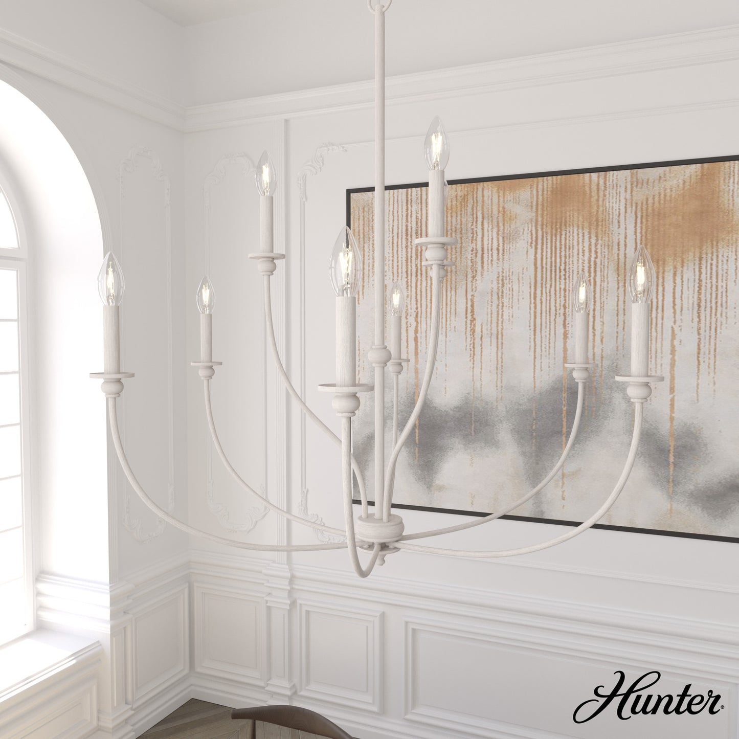 Hunter Southcrest 9 -Light Distressed White Transitional For Use in Bedrooms, Dining Rooms, Foyers, Kitchens, Living Rooms Chandelier 5281586