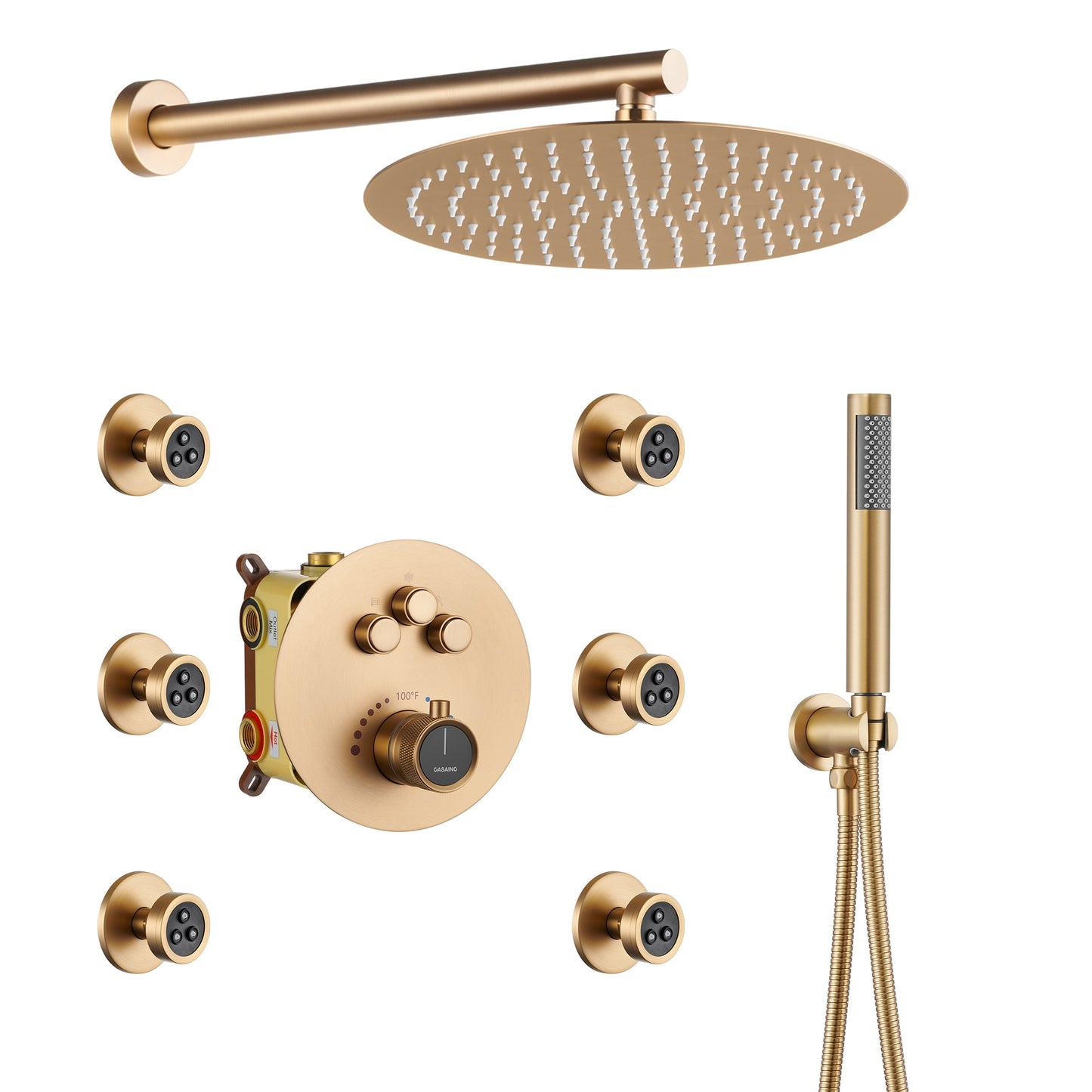CASAINC Brush Gold 12-in Built-In Shower Faucet System with 3-way Diverter ( Thermostatic Valve Included )