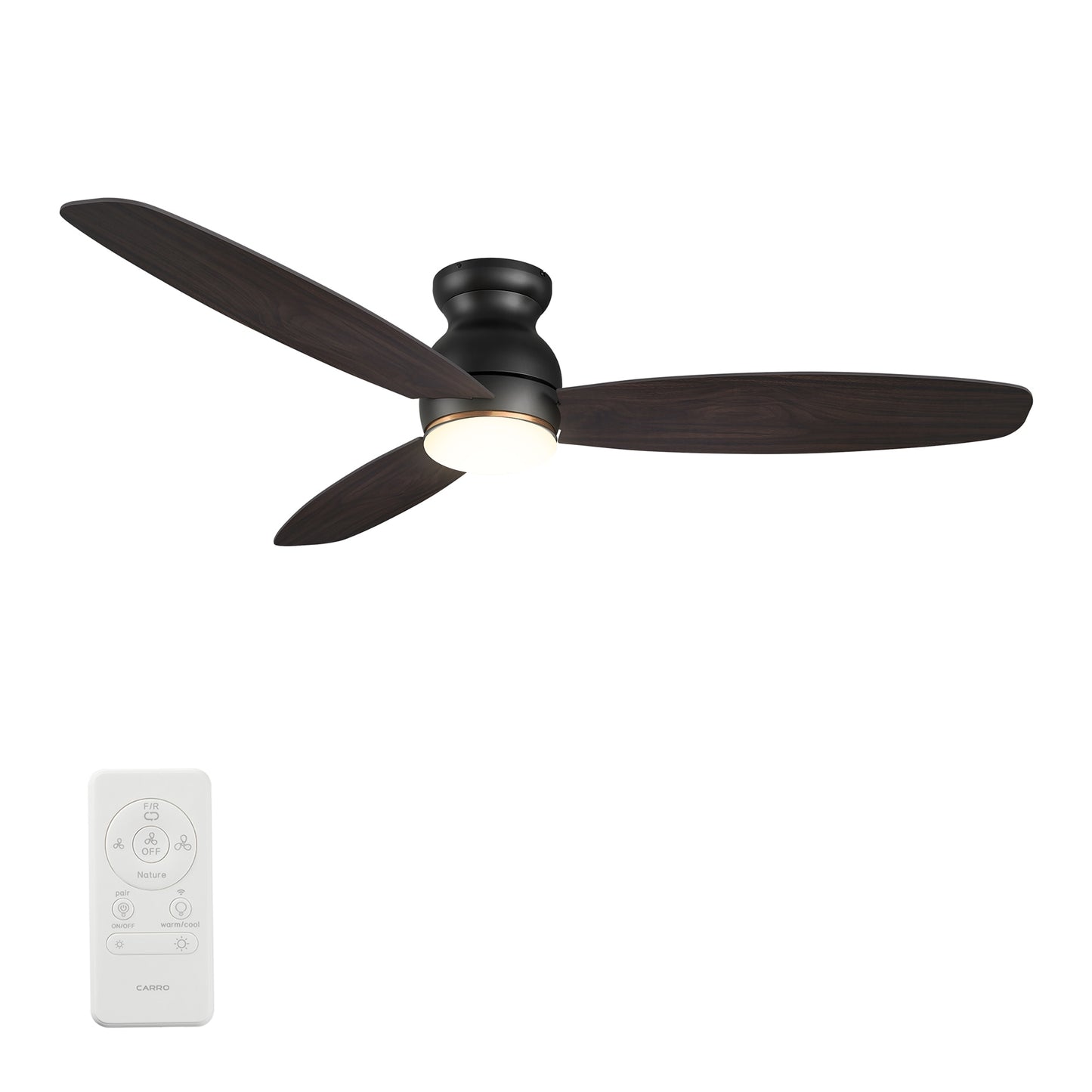 CARRO USA Trendsetter 60-in Black with Dark Walnut Blades Indoor/Outdoor Flush Mount Smart Ceiling Fan with Light and Remote (3-Blade) LS603Q-L12-B5-1