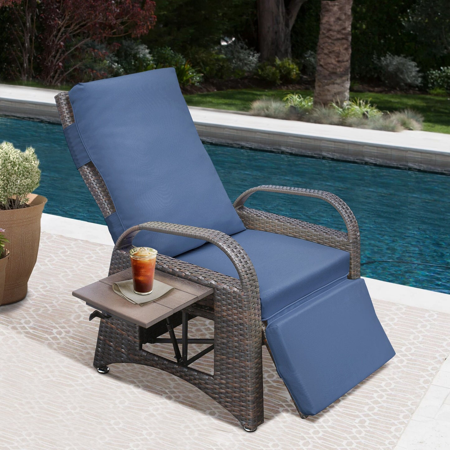 Maincraft Rattan Brown Iron Frame Stationary Recliner Chair with Blue Cushioned Seat