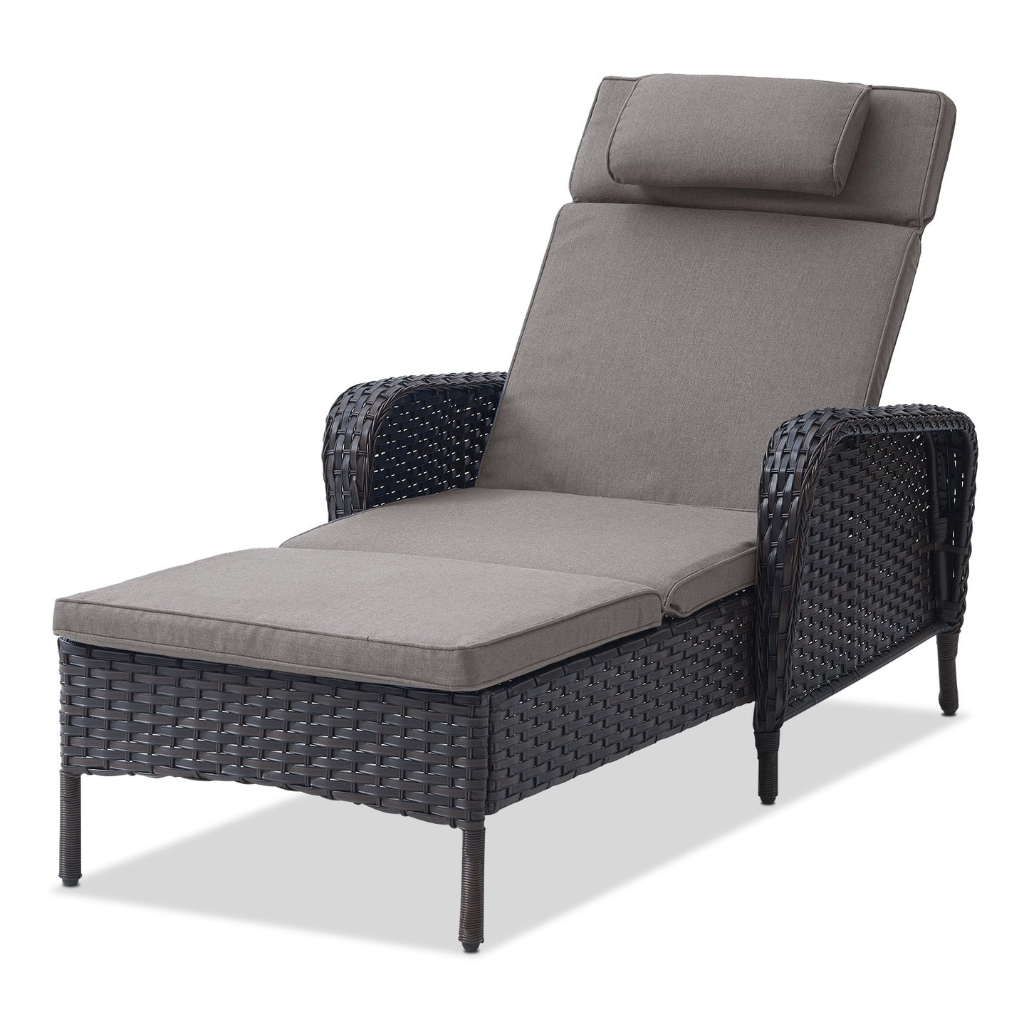 Rilyson Curved handrail Wicker Brown Wicker Frame Stationary Chaise Lounge Chair with Gray Gray Cushioned Seat