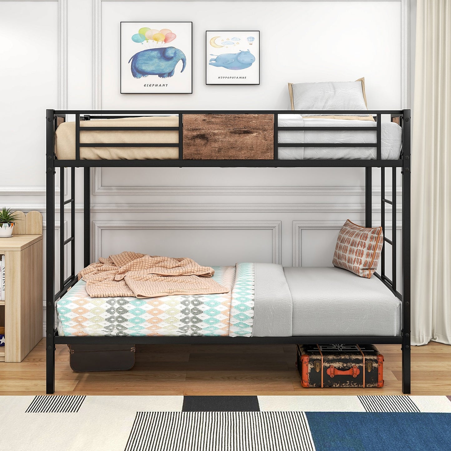 GZMR Twin Over Twin Size Metal Bunk Bed Black and Brown Twin over twin Bunk Bed