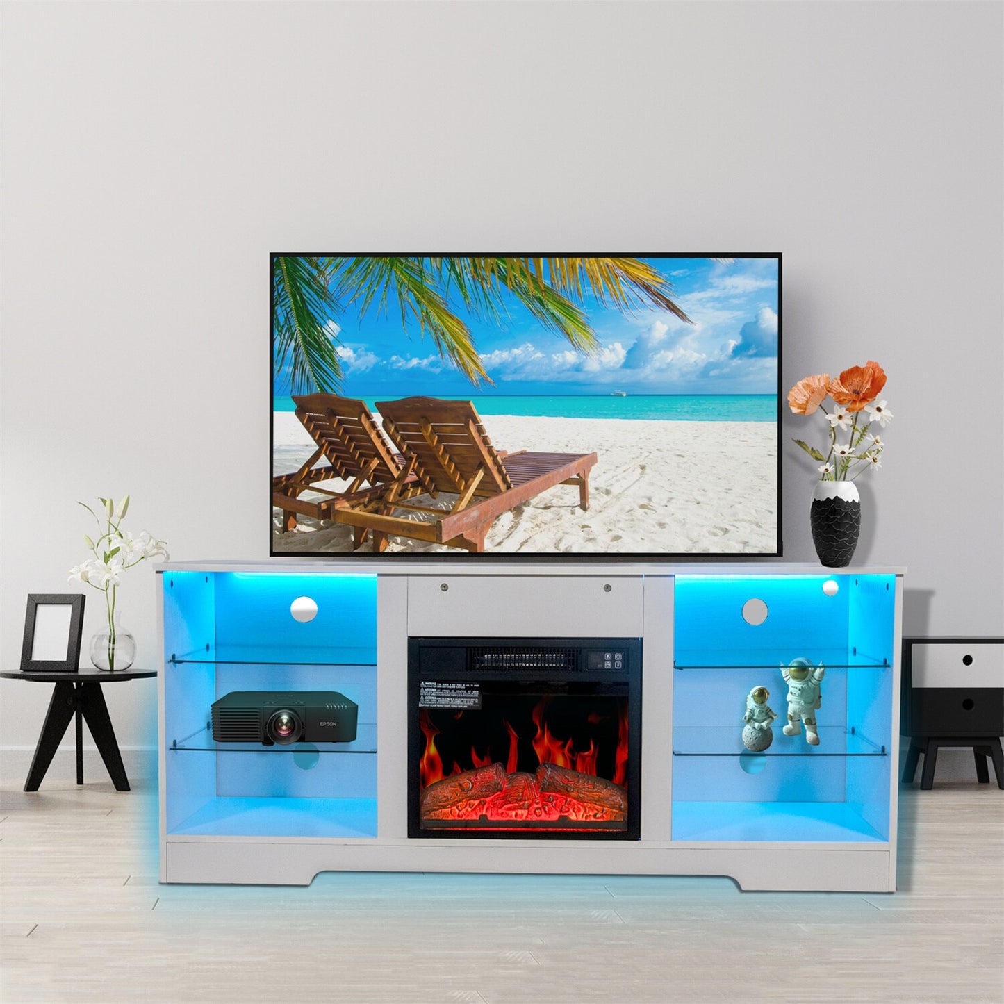 BABOOM 57.8-in W White TV Stand with Fan-forced Electric Fireplace BOM-P152180-OR