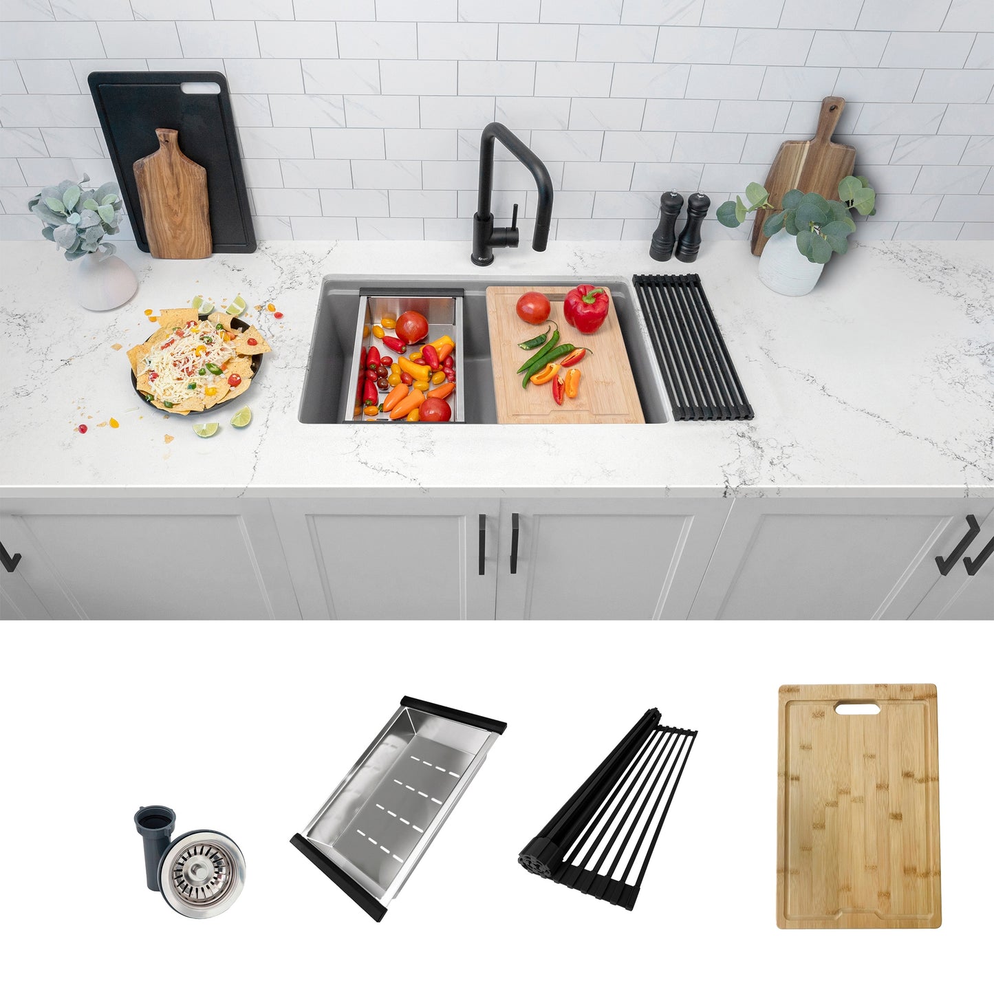 Stylish Pietra Dual-mount 28-in x 18-in Composite Single bowl Workstation Kitchen Sink