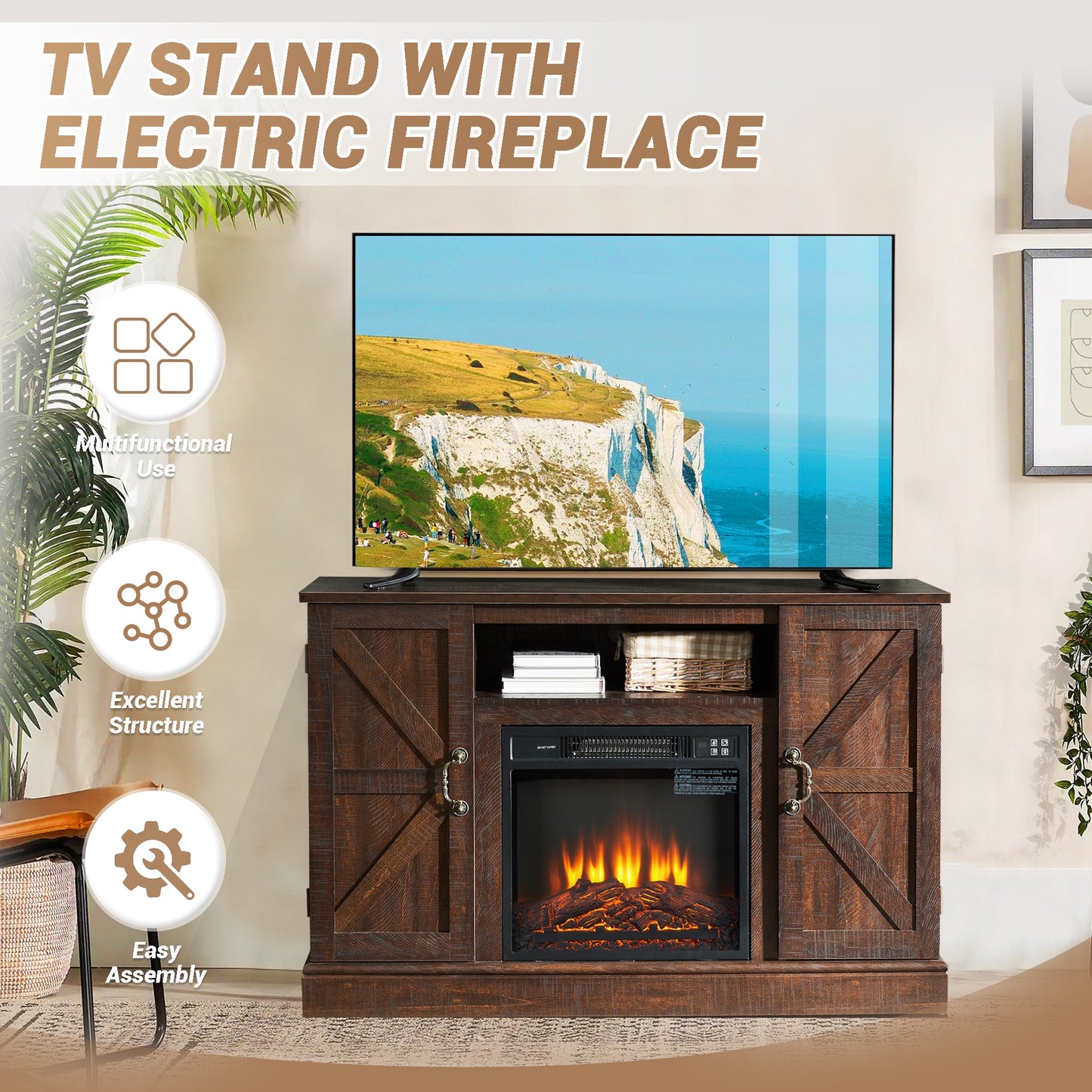 Fun Orange 47-in W Espresso TV Stand with Fan-forced Electric Fireplace FUN10FP06