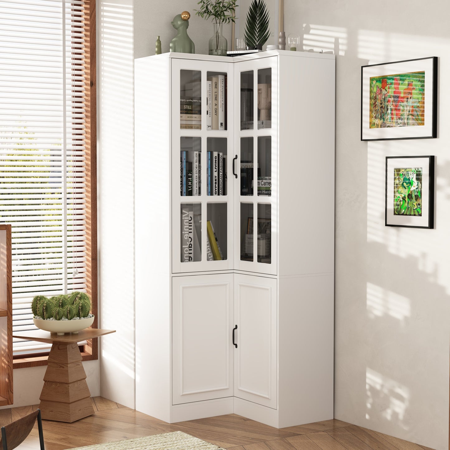 FUFU&GAGA White MDF 5 -Shelf Corner Bookcase with Doors ( 31.5-in W x 78.9-in H x 31.5-in D ) Finished