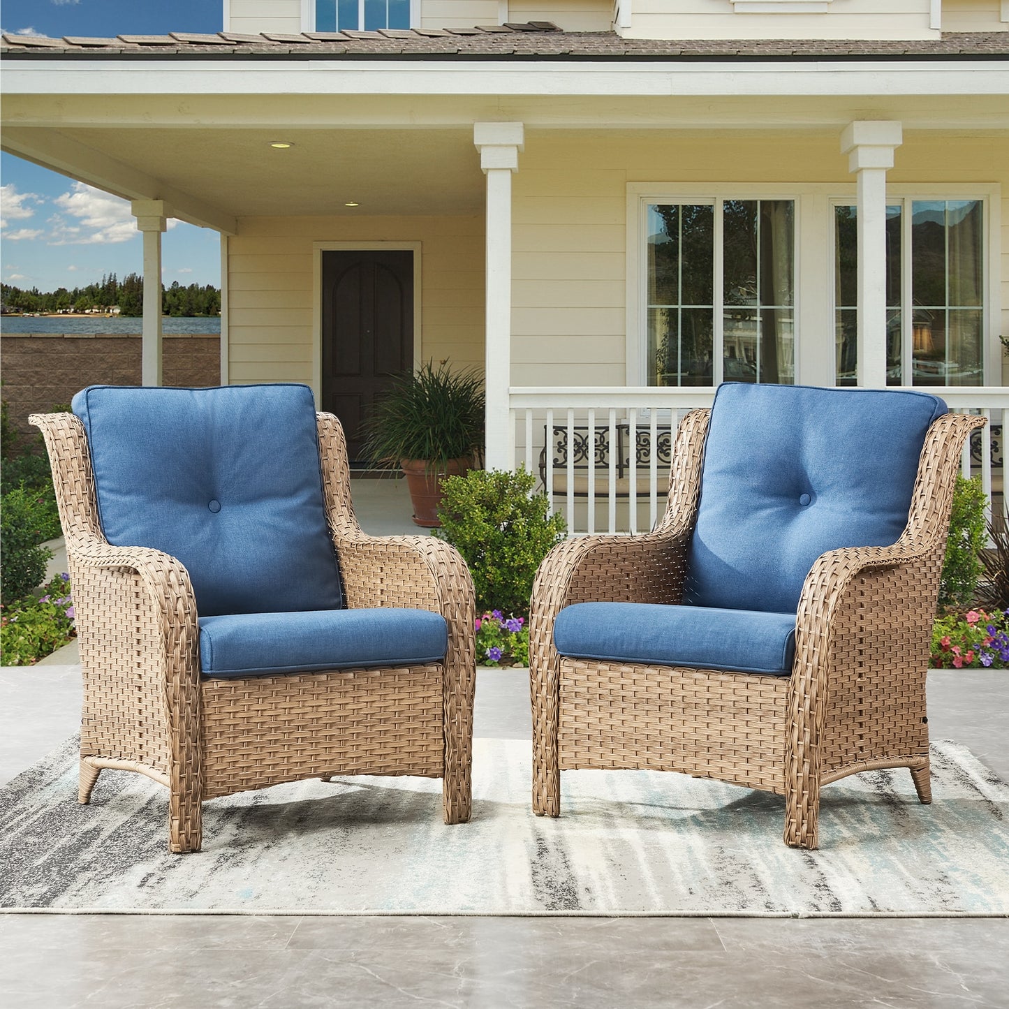 PACHAIRS-T Set of 2 Wicker Yellow Steel Frame Stationary Conversation Chair with Navy Cushioned Seat