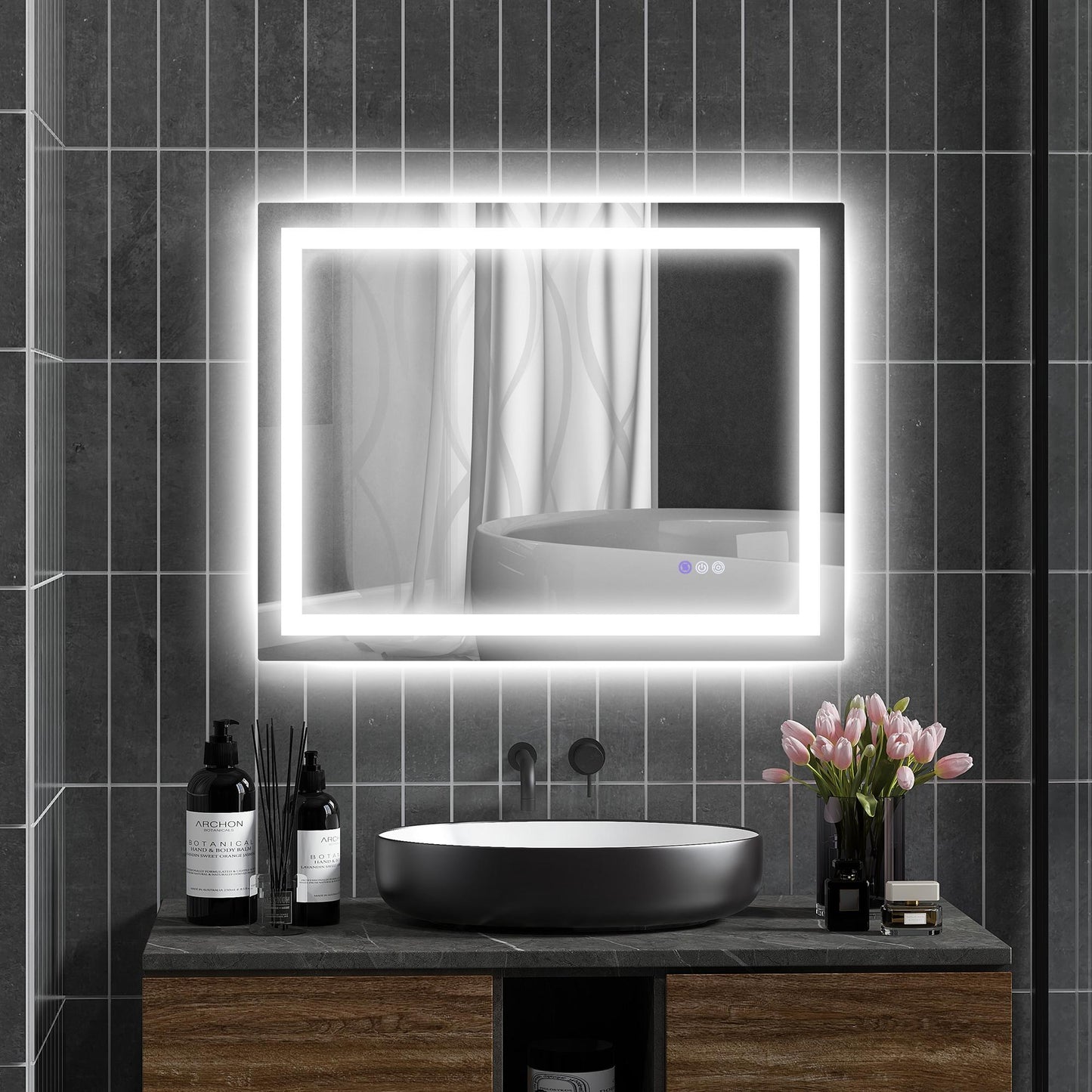 Bayfeve LED Bathroom Mirror 35-in x 28-in Polished Frameless Rectangle Dimmable LED Lighted Fog Free Bathroom Vanity Mirror ( Silver )