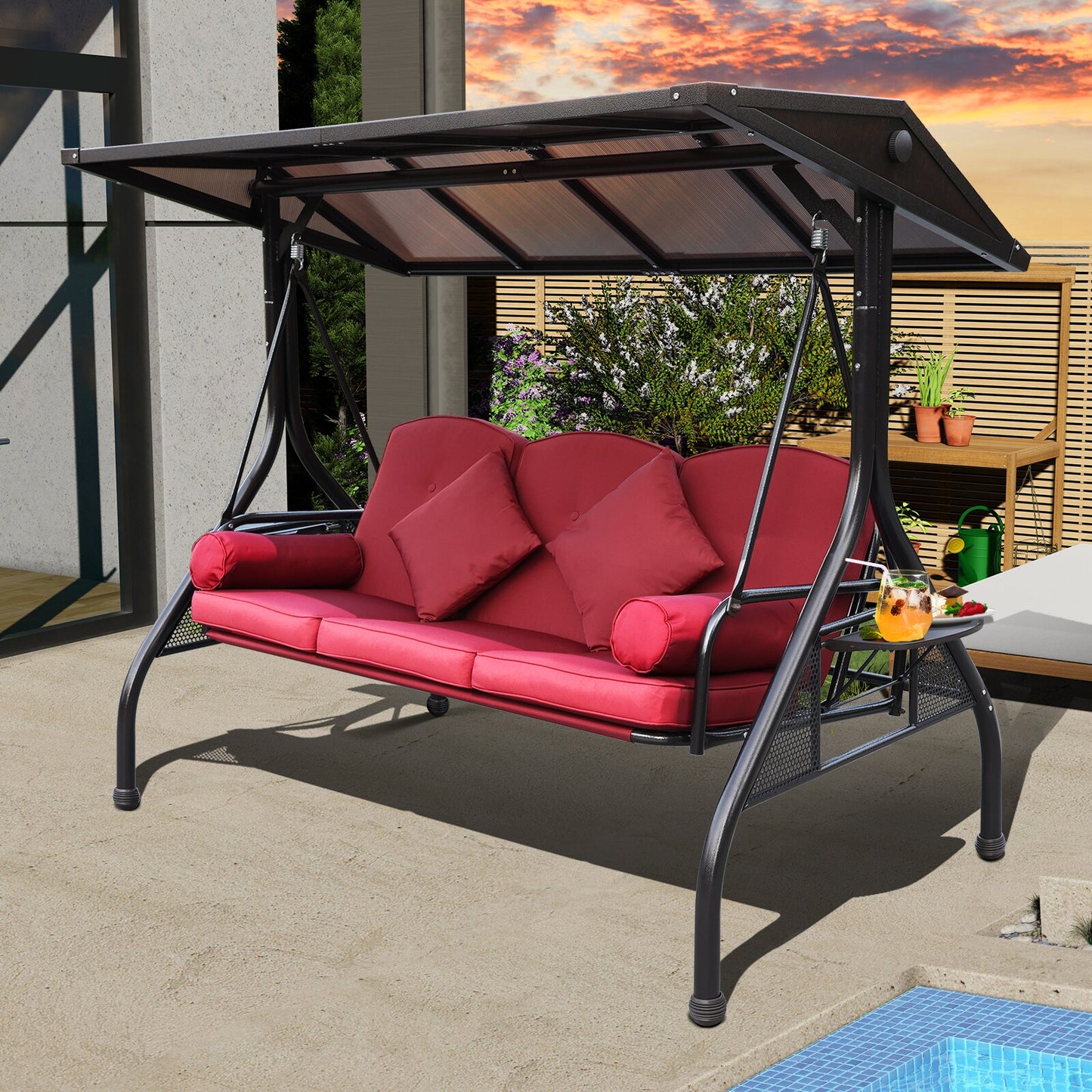 NOBLEMOOD Porch Swings Gliders 3 -person Brown Aluminum Outdoor Swing bed