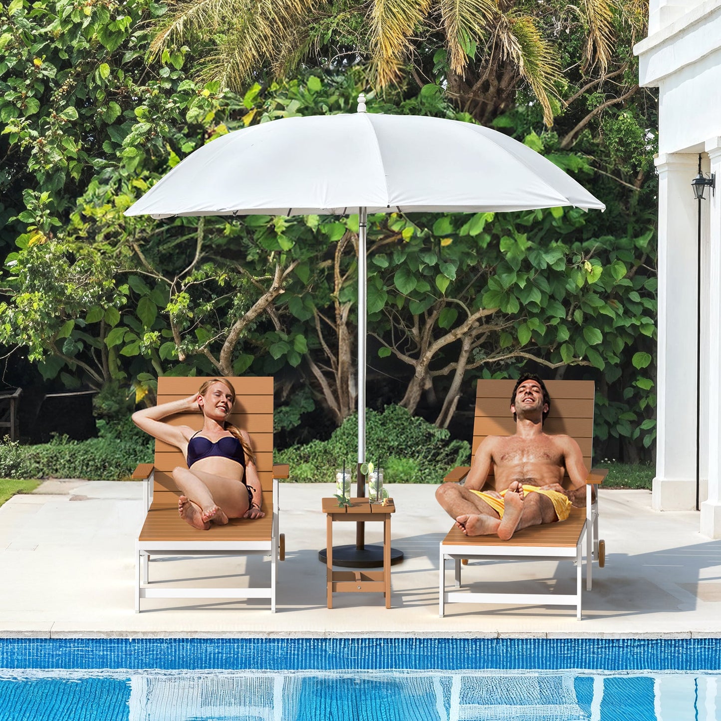 Yurevna Chaise lounge Set of 2 Teak HDPE Frame Stationary Chaise Lounge Chair with Slat Seat
