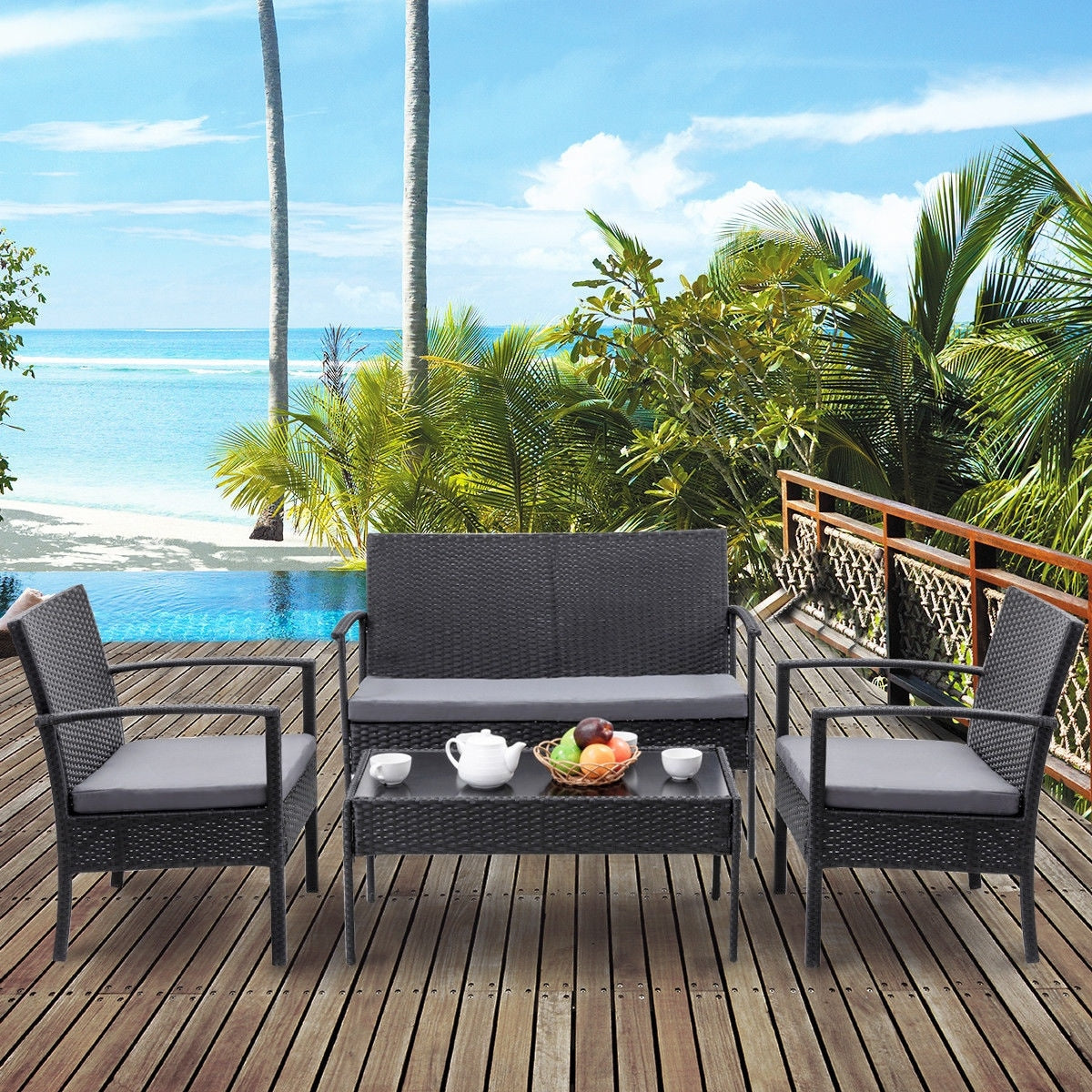 Forclover 4 -Piece Rattan Patio Conversation Set with Gray Cushions