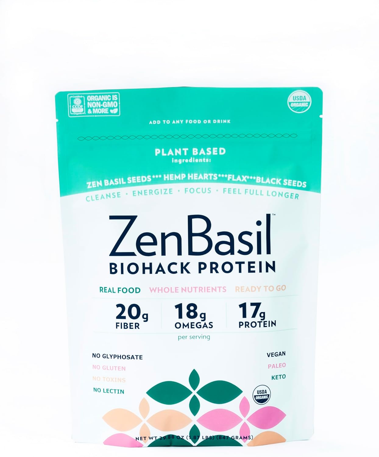 ZenBasil Biohack Protein Seeds, Flaxseed Meal, Hemp Hearts, Black Seeds | 20g Fiber, 18g omegas, 17g Protein | USDA Organic