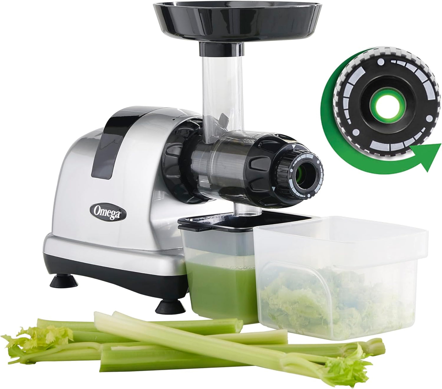 Omega Masticating Juicer, Cold Press Juicer Machine For Celery with Adjustable Dial, 200-Watts, Silver