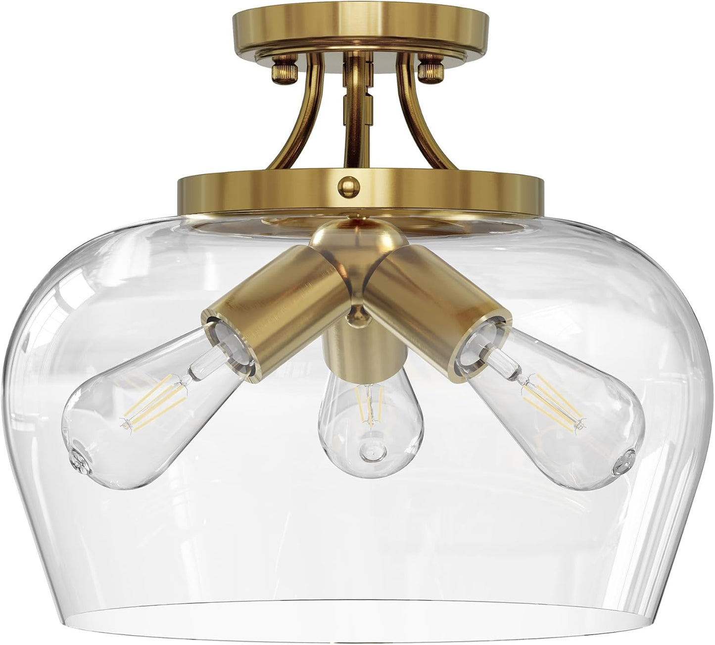 VONLUCE Semi Flush Mount Ceiling Light, 13.8" Ceiling Light Fixture with Clear Glass Shade, E26 Base, 3-Bulb Industrial Ceiling Light for Hallway Entryway Kitchen Bedroom, Brushed Gold