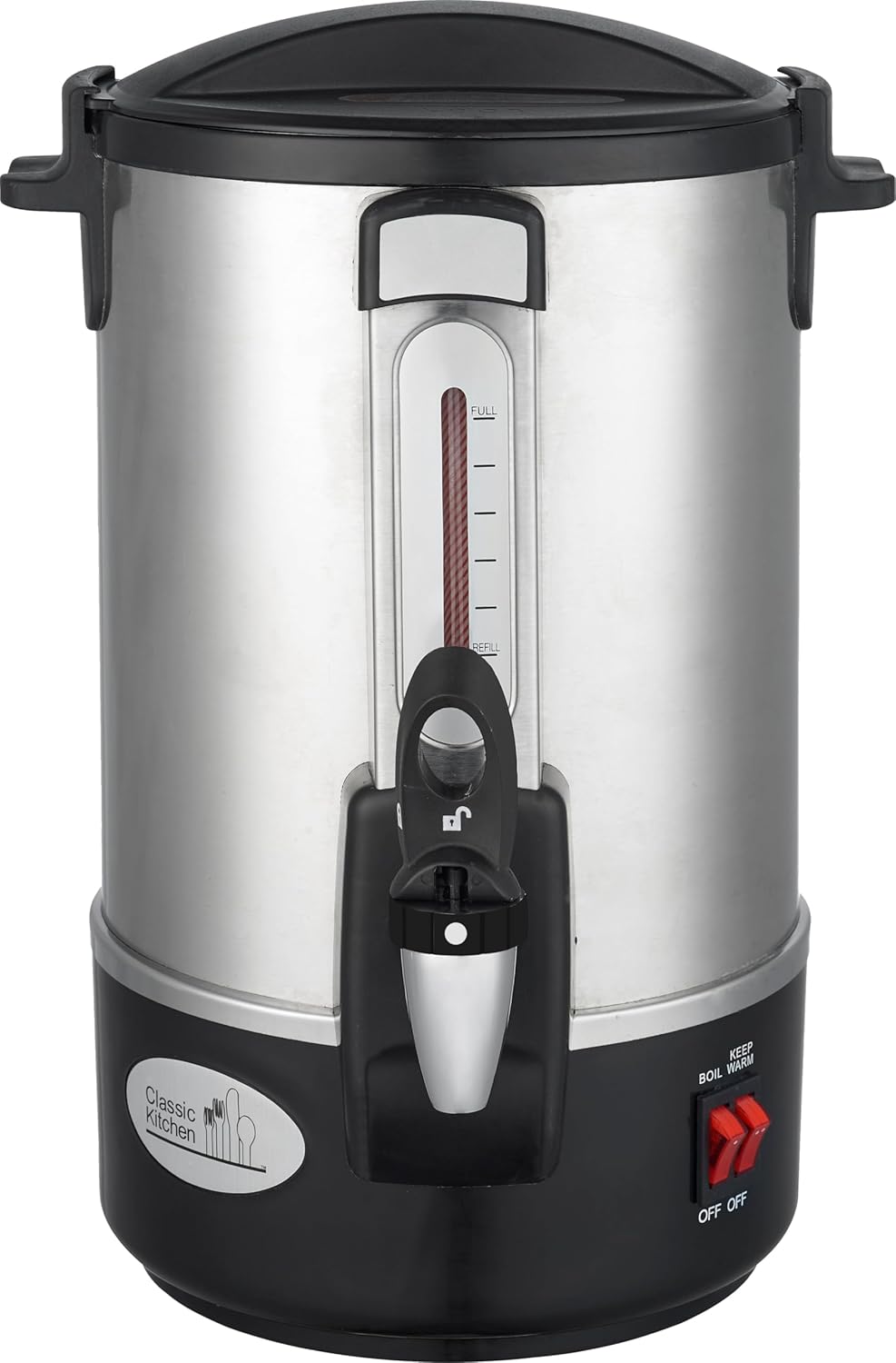 Classic Kitchen 28 Cup Capacity Hot Water Boiler Urn with Twisloc˜ Safety Tap, Stainless Steel Spout, Stainless Steel Double Wall, Dual Heating Elements Quick Heating/Keep Warm