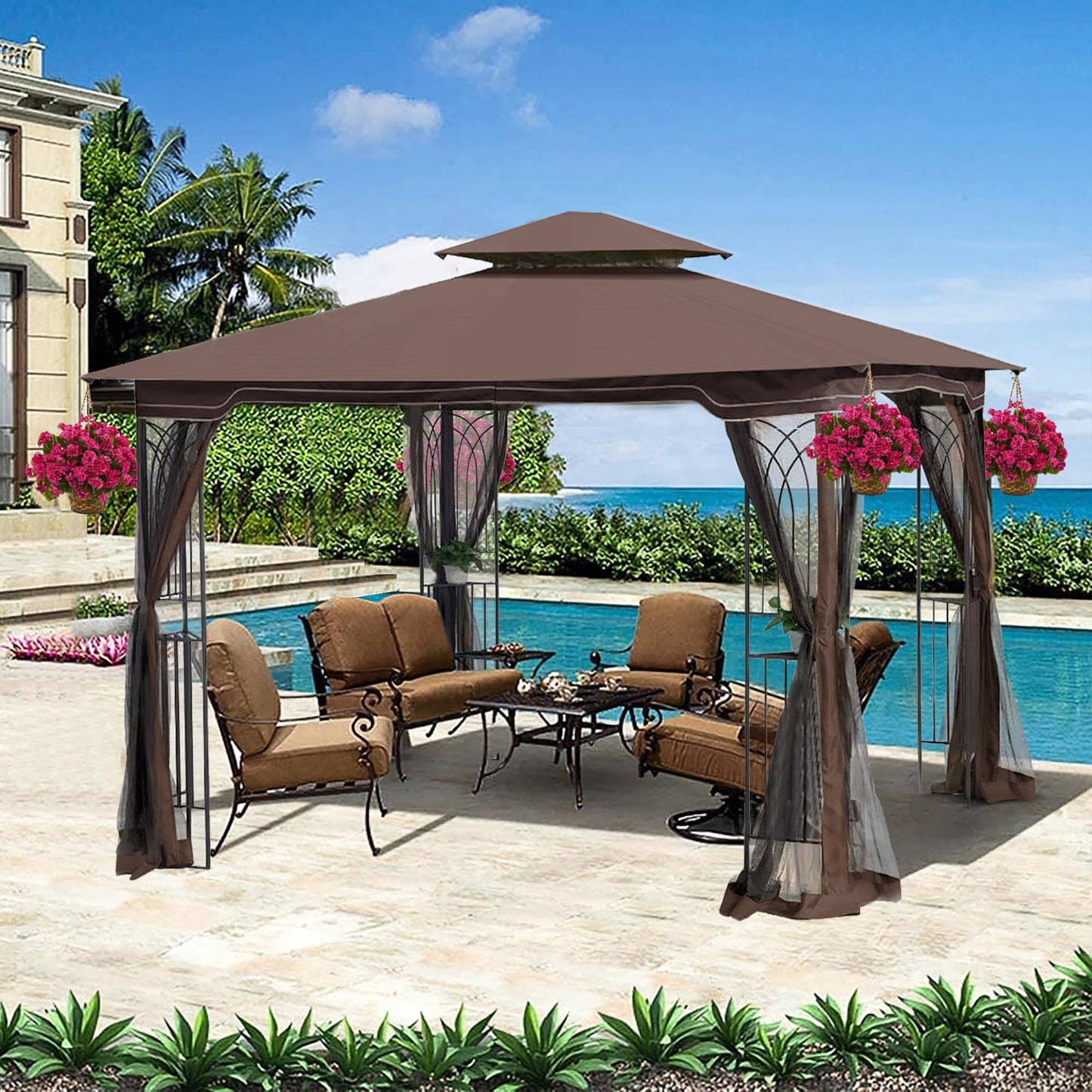 Lycvki 9.08-ft x 8.83-ft Patio Gazebo Canopy Tent Brown Gazebo with Soft Top Roof (Screen Included)