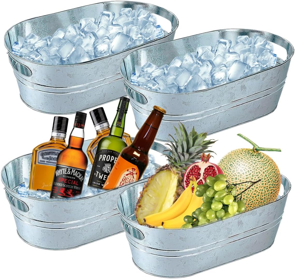 4 Pack Galvanized Tub 3.1 Gallon Ice Bucket Large Metal Drink Buckets for Parties Beer Beverage Tub with Carry Handles for Champagne Cocktails Wine Cooling for Mimosa Bar Supplies